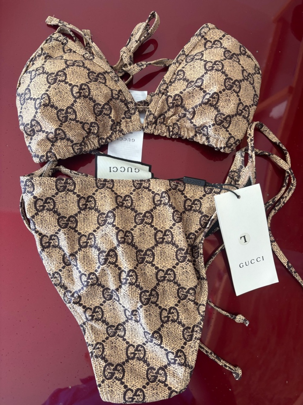 Gucci Brown Beige GG Logo Triangle Bikini